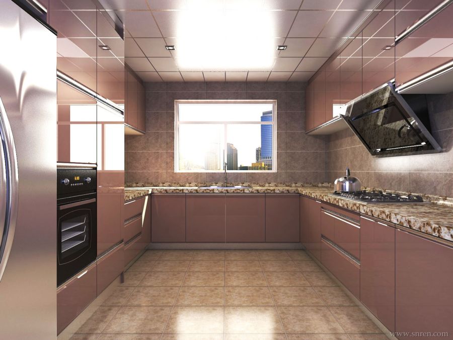 U型香槟色厨房橱柜模型-10版本-带贴图灯光材