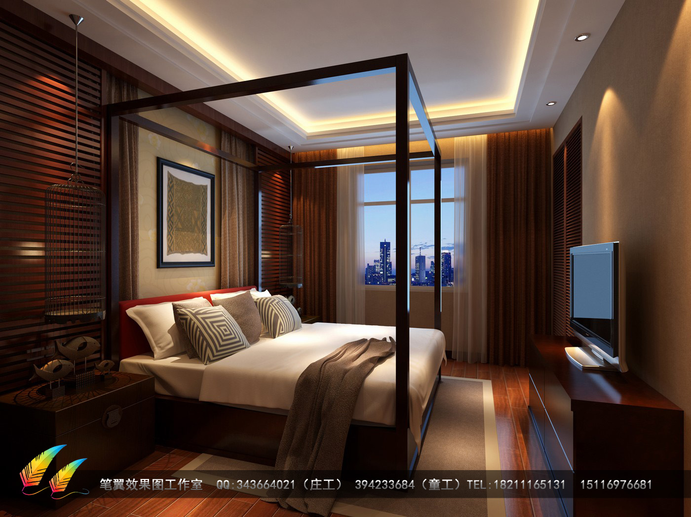 现代中式次卧室3D效果图制作.jpg