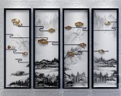 新中式挂画山水意境四联画 中式装饰画立体画 max2010 贴图全