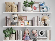 墙壁书架+书籍+卡通玩偶玩具+各式装饰品模型 带贴图 max2016