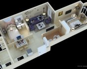 现代客厅(鸟瞰户型图)-3d2009-贴图灯光材质全+效果图